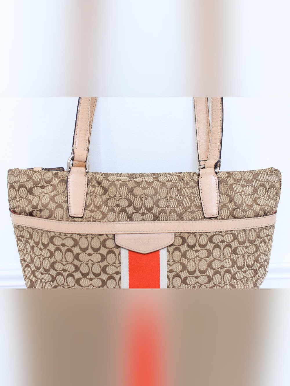 Coach Signature Stripe Monogram Tote Shoulder Bag Khaki Orange F27008 Y2K Preppy - Picture 3 of 16